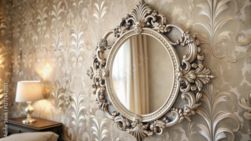 A luxurious silver-plated mirror with a delicate filigree frame, hung on a wall in an opulent bedroom, decorative frames, sophisticated room, beautiful mirrors
