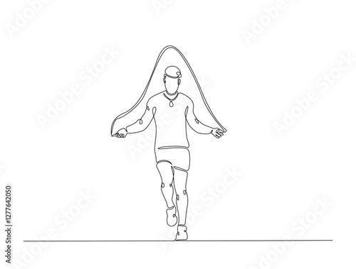 Continuous line art drawing of young man jumping with skipping rope. Cardiovascular exercise by jumping with skipping rope line art drawing vector illustration. Editable stroke.