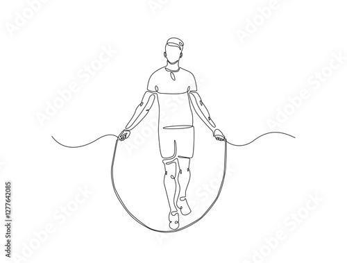 Continuous line art drawing of young man jumping with skipping rope. Cardiovascular exercise by jumping with skipping rope line art drawing vector illustration. Editable stroke.