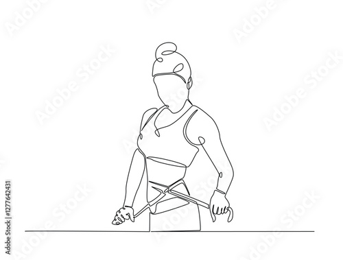Continuous line art drawing of woman dieting concept. Pretty girl with tape measure around her body in one line drawing illustration. Editable stroke.