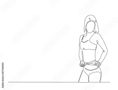 Continuous line art drawing of woman dieting concept. Pretty girl with tape measure around her body in one line drawing illustration. Editable stroke.