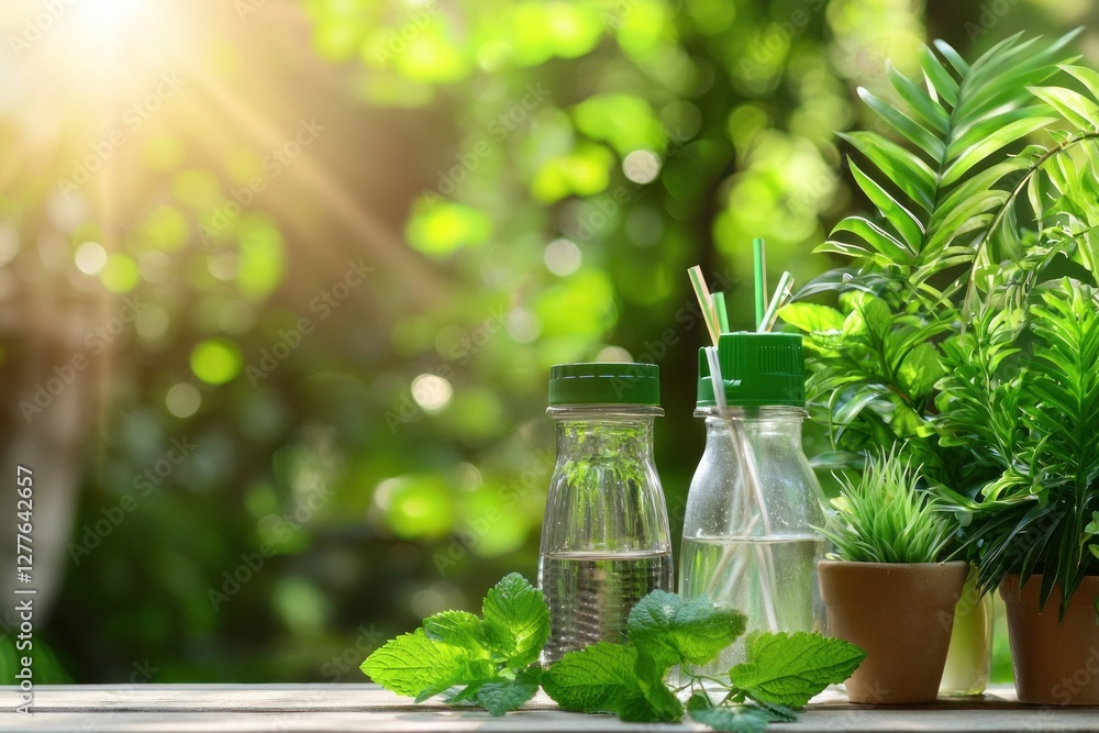 Refreshing beverage in glass bottles with mint leaves and straws on wooden table in bright sunlight with green plants Refreshing beverage in glass bottles with mint leaves and straws on wooden table in bright sunlight with green plants