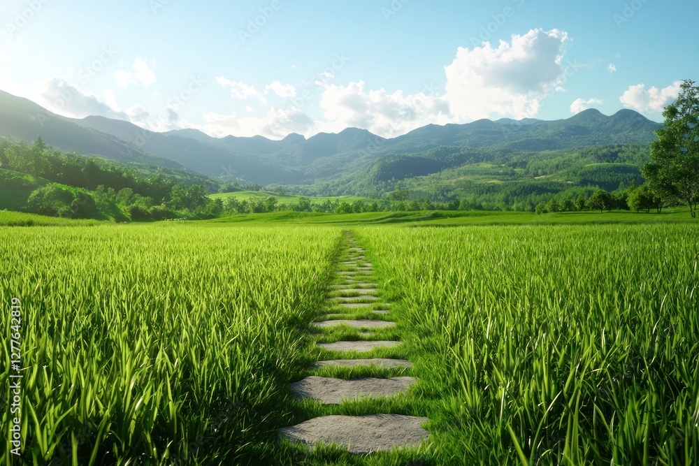 Serene Path Through Verdant Meadow Leading to Distant Mountains Under a Bright Sky in Summer Landscape Serene Path Through Verdant Meadow Leading to Distant Mountains Under a Bright Sky in Summer Landscape