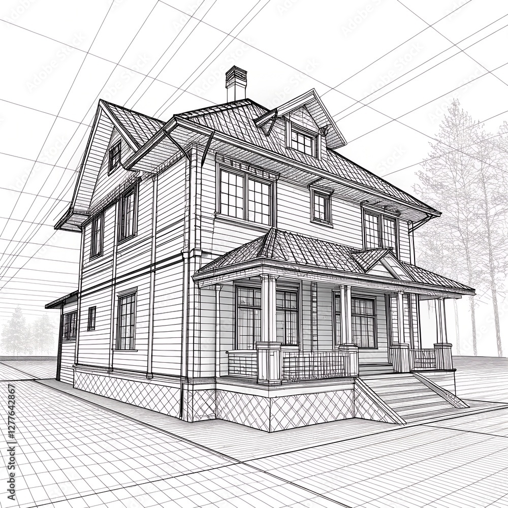 Architectural wireframe illustration of a traditional house with a pitched roof, front porch, and symmetrical facade, emphasizing detailed design and building plans. Architectural wireframe illustration of a traditional house with a pitched roof, front porch, and symmetrical facade, emphasizing detailed design and building plans.