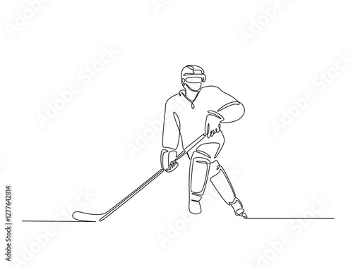 Continuous line art drawing of ice hockey player illustration. Hockey player in one line drawing design. Editable stroke.