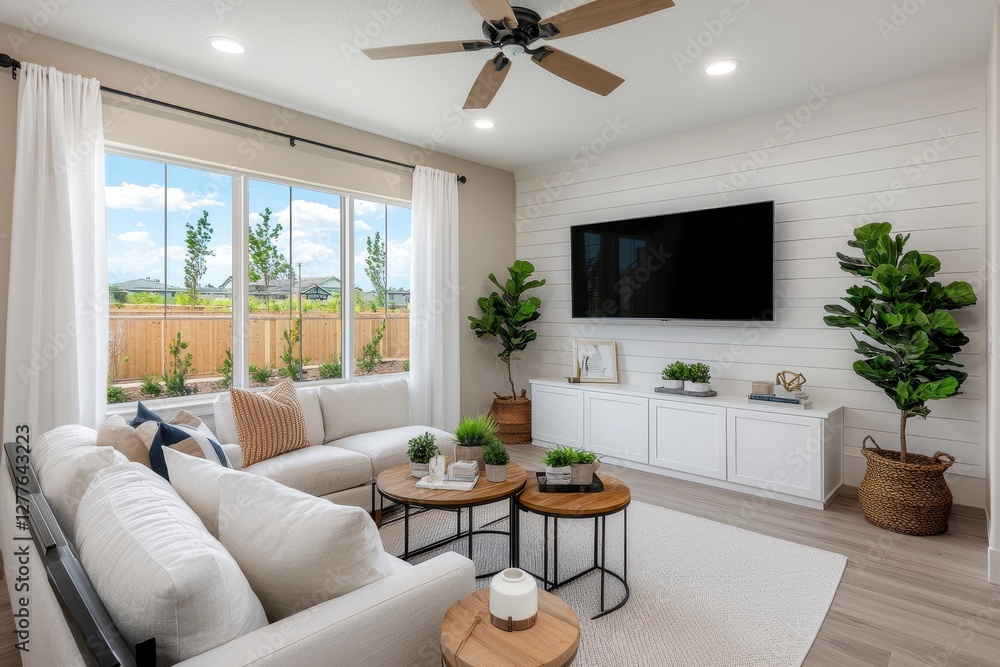 Fototapeta premium Bright airy living room with white sofa natural light and modern decor for comfortable home interior design