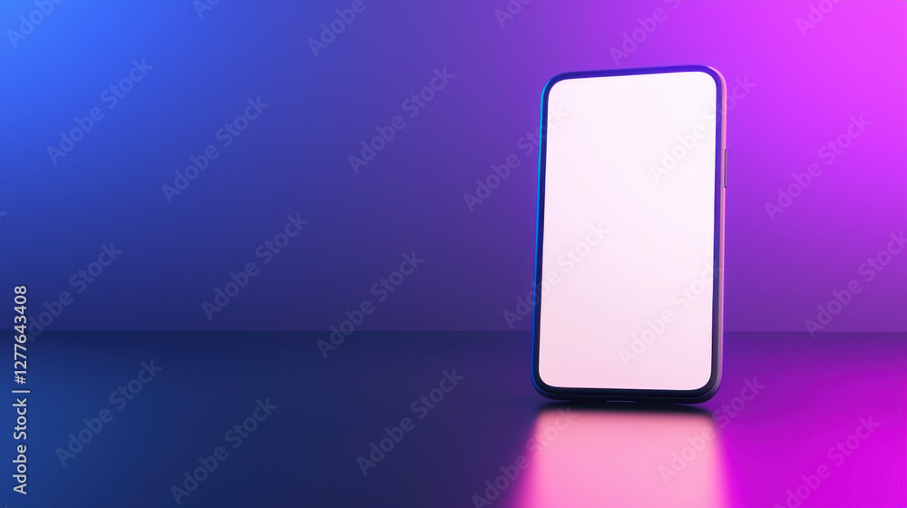 minimalist image of smartphone on reflective surface, illuminated by vibrant purple and blue lights, creating modern and sleek atmosphere minimalist image of smartphone on reflective surface, illuminated by vibrant purple and blue lights, creating modern and sleek atmosphere