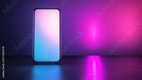 minimalist image of smartphone illuminated by colorful lights, creating modern and artistic atmosphere. soft glow enhances sleek design and reflects on surface