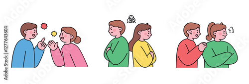 Illustration of couples in conflict, arguing, feeling upset, and reconciling. Depicts relationship issues, emotions, and communication struggles.