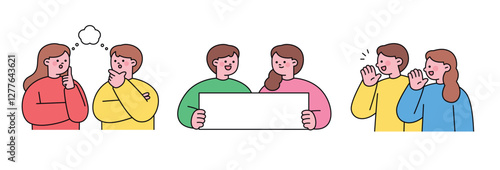 Illustration of people discussing, thinking, presenting, and greeting each other. Represents communication, teamwork, and social interaction.