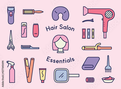 Illustration of essential hair salon tools, including hairdryers, scissors, brushes, and beauty products, representing professional hairdressing and self-care.
