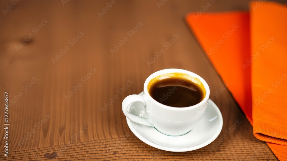 Aromatic Espresso in White Cup on Wooden Table with Orange Napkin Aromatic Espresso in White Cup on Wooden Table with Orange Napkin