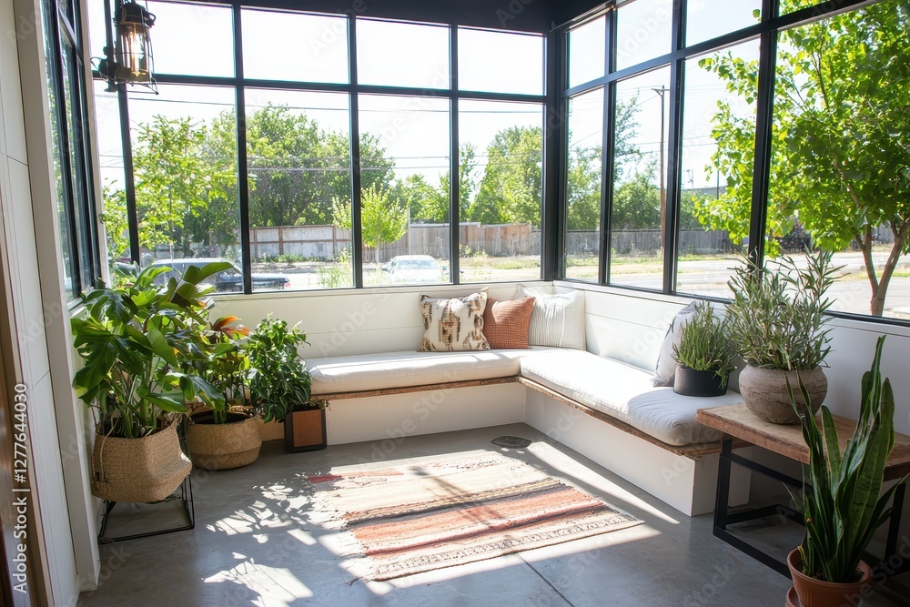 Bright and Airy Sunroom with Comfortable Seating and Lush Potted Plants Creating a Relaxing and Inviting Indoor Oasis with Natural Light and Greenery Bright and Airy Sunroom with Comfortable Seating and Lush Potted Plants Creating a Relaxing and Inviting Indoor Oasis with Natural Light and Greenery