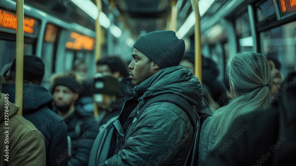 Commuters in Urban Subway Train During Rush Hour in City Commuters in Urban Subway Train During Rush Hour in City