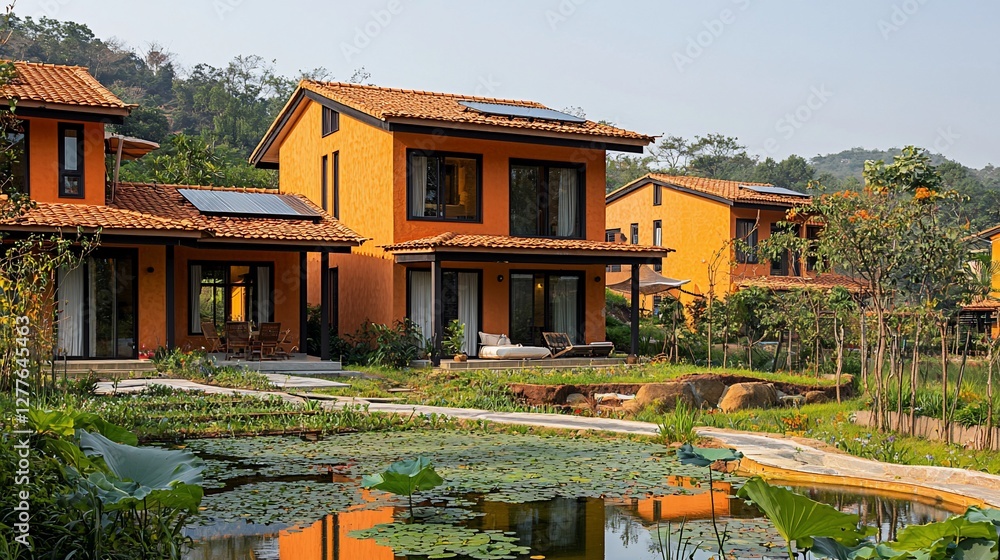 Obraz premium Orange villas, hillside resort, tranquil pond, rural China, travel brochure