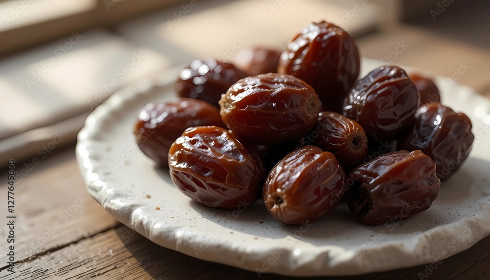 Dates fruit on a plate on a wooden table. Close up. Dates fruit on a plate on a wooden table. Close up.
