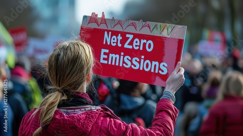 Eco-Friendly and Carbon Neutral Solutions for Climate Action. Activist holds sign advocating for net zero emissions at a protest. photo