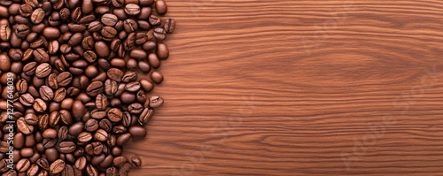 Fresh coffee beans on wooden background create warm, inviting atmosphere perfect for coffee lovers. rich textures and colors enhance overall aesthetic appeal