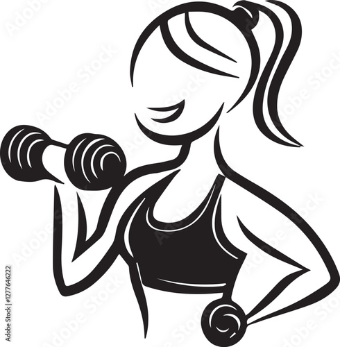 Fitness woman with dumbbells. Vector illustration in black and white.