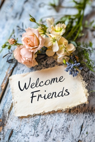 A charming arrangement of flowers beside a note that says Welcome Friends, set against a rustic wooden background.