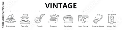 Vintage Line Banner Web Icon Set Vector Illustration, Gramophone Typewriter Filmstrip Telephone Retro Radio Camera Retro Handphone Vintage Clock