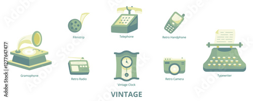 Vintage Flat Banner Web Icon Set Vector Illustration, Gramophone Typewriter Filmstrip Telephone Retro Radio Camera Retro Handphone Vintage Clock