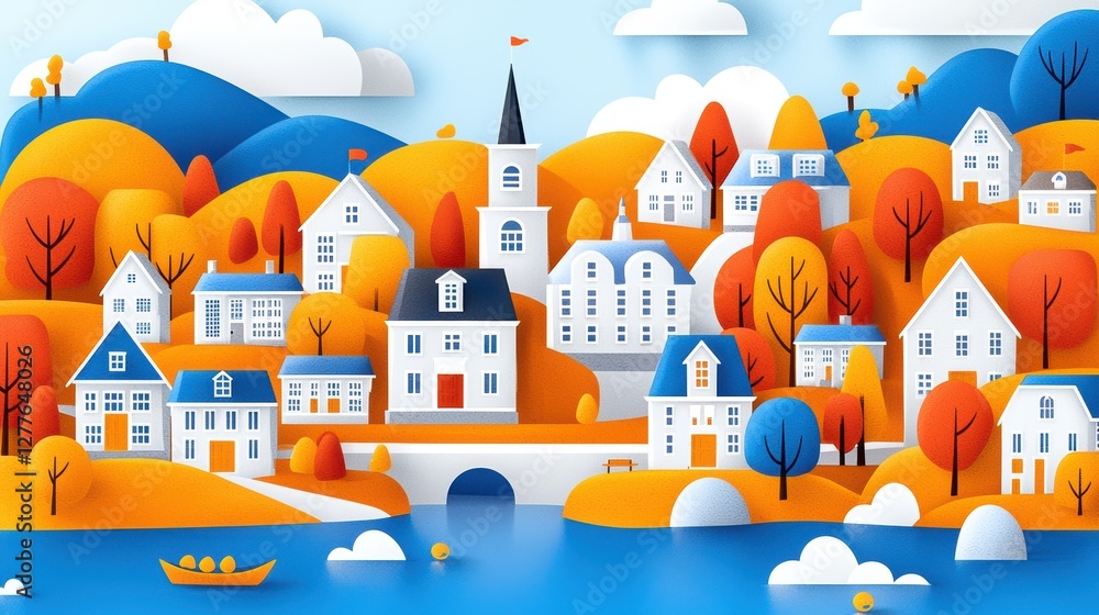 Obraz premium Colorful Landscape with Stylized Houses and Trees under Blue Sky and Vibrant Fall Colors