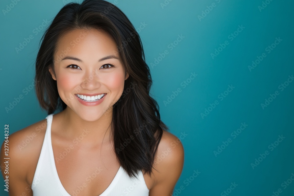 Woman smiling, studio portrait, teal background, possible use for website banner Woman smiling, studio portrait, teal background, possible use for website banner