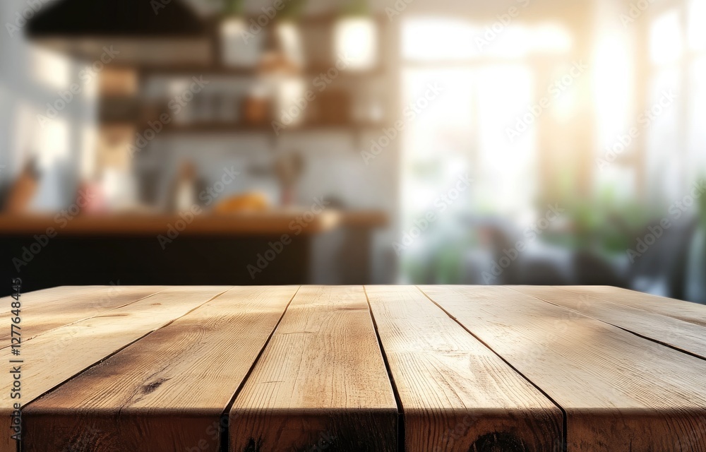 Empty wooden table in a modern kitchen, sunlight streaming through windows Empty wooden table in a modern kitchen, sunlight streaming through windows