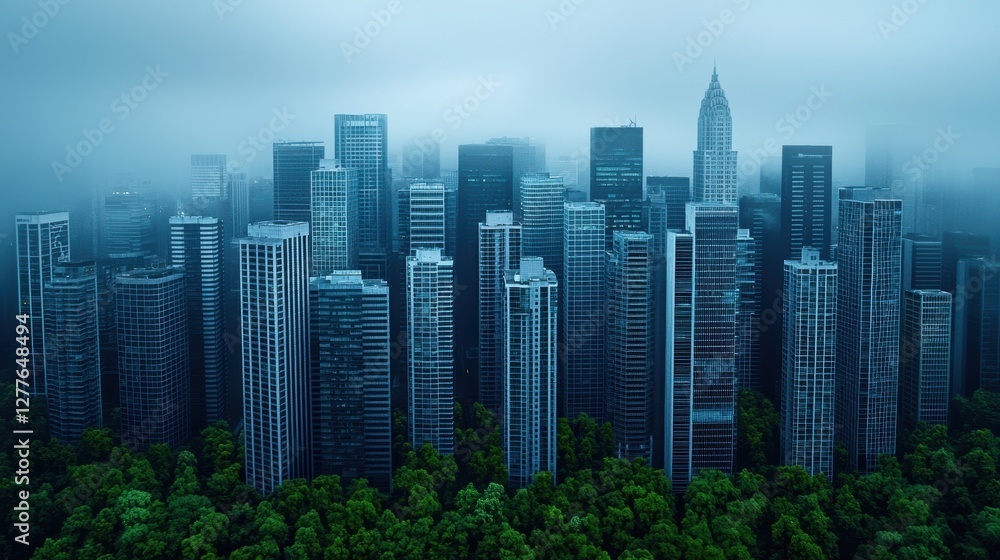 Obraz premium Misty Urban Landscape with Skyscrapers and Green Trees in a Foggy Atmosphere