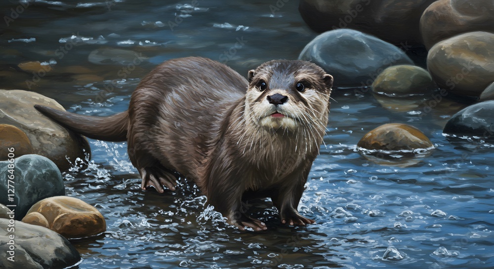 Fototapeta premium Otter Wading Through Water River Illustration Art Painting with Rocks