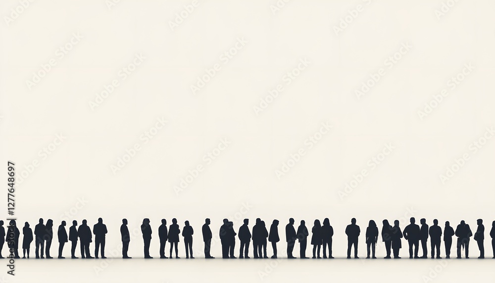 Naklejka premium A monochrome image shows a line of dark human silhouettes