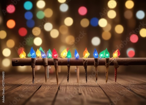 A bundle of colorful Christmas lights strung through a wooden dowel against a blurred, abstract background, rustic centerpiece, colored christmas lights photo