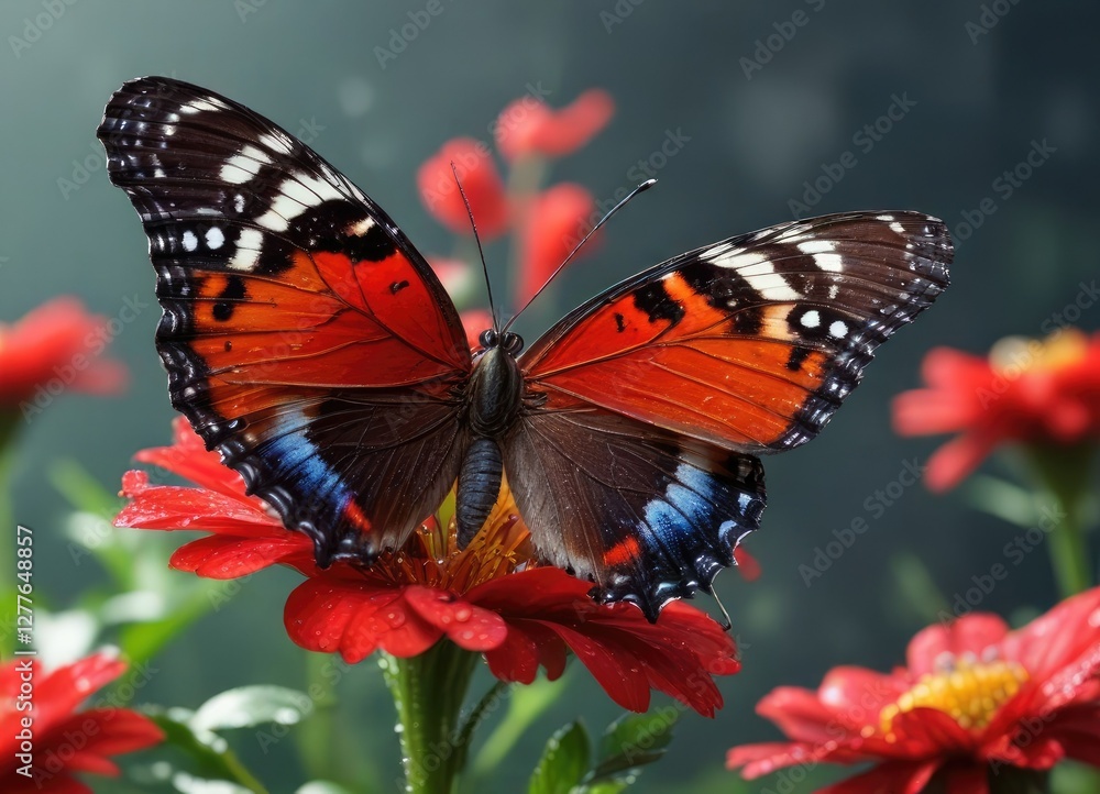 Fototapeta premium A butterfly perched on a bright red flower with dew drops, morning, sunny day