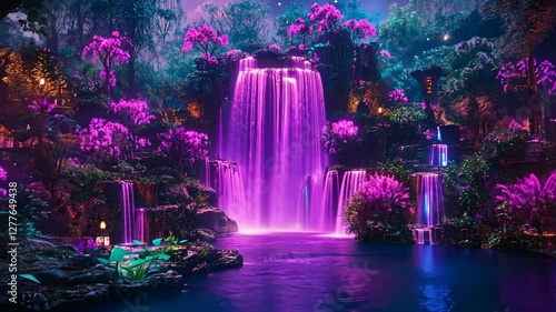 Majestic cascading waterfalls illuminated by vibrant purple lights in a lush tropical paradise