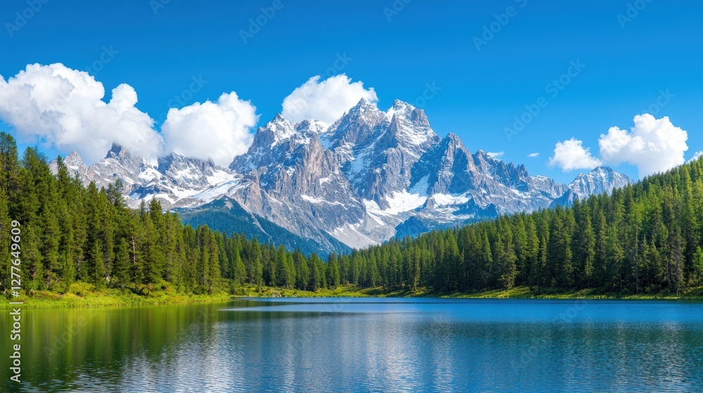 Serene Reflection of Majestic Mountains in Crystal Clear Lake Surrounded by Lush Forests