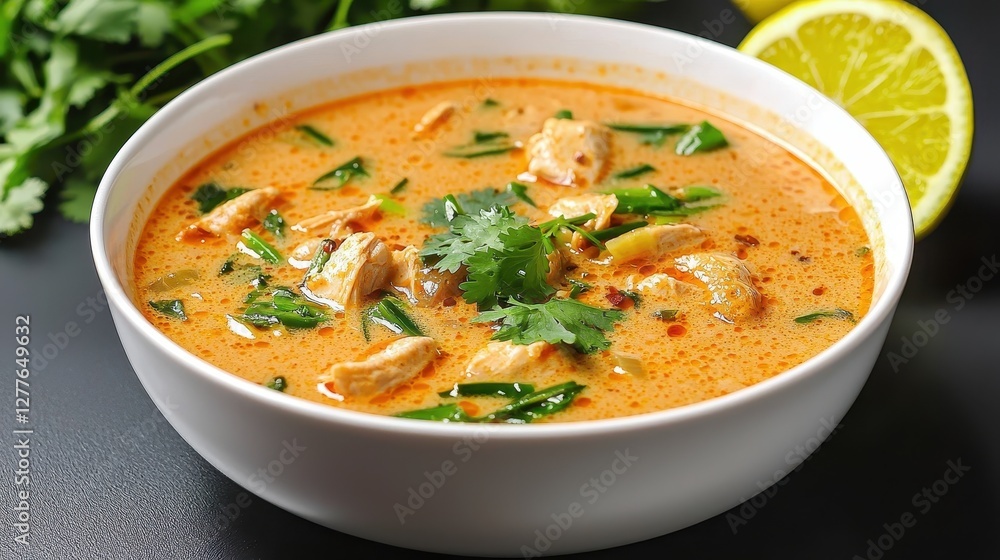 A creamy, spicy soup garnished with herbs and lime, served in a bowl, showcasing vibrant colors and rich textures. A creamy, spicy soup garnished with herbs and lime, served in a bowl, showcasing vibrant colors and rich textures.
