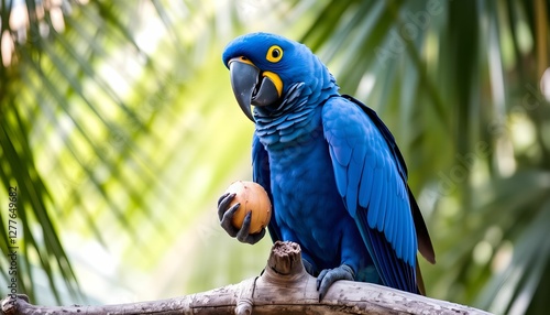 Majestic Hyacinth Macaw Perched on Branch Holding a Nut