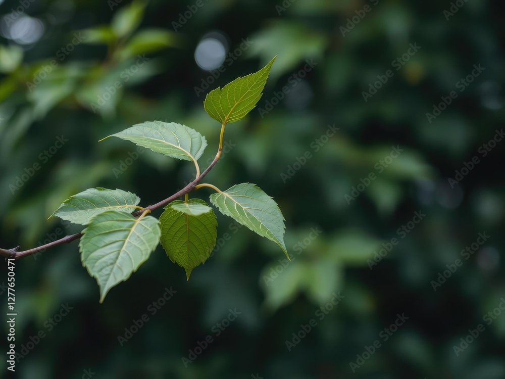 A close-up shot of individual leaves on a branch in the foreground with a blurred leafy background creating a sense of depth, flowers, leaf details A close-up shot of individual leaves on a branch in the foreground with a blurred leafy background creating a sense of depth, flowers, leaf details