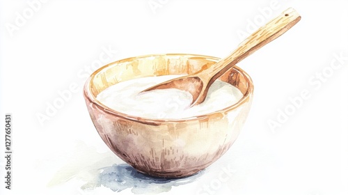 A beautifully illustrated bowl of creamy yogurt with a wooden spoon, showcasing simplicity and flavor, perfect for culinary presentations or recipes.