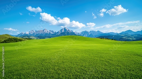 Breathtaking Green Field with Majestic Mountains and Blue Sky Under Bright White Clouds