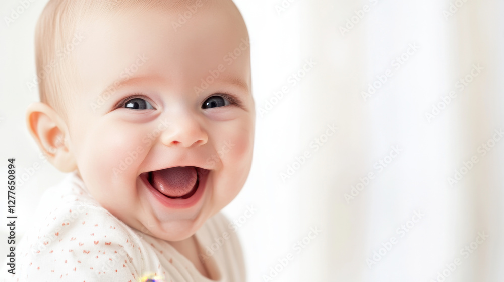 Smiling baby with bright eyes and joyful expression, showcasing happiness and innocence. soft background enhances cheerful mood Smiling baby with bright eyes and joyful expression, showcasing happiness and innocence. soft background enhances cheerful mood