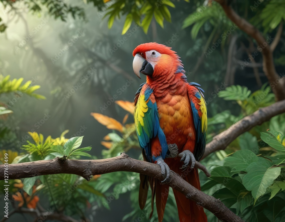 Obraz premium A colorful parrot with bright feathers perched on a thin branch amidst leaves, greenery, parrot, nature