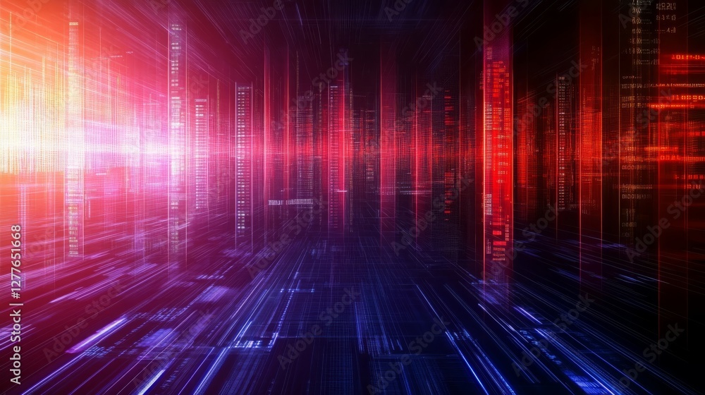 Naklejka premium Futuristic Digital Cityscape Abstract Background Red Blue Technology