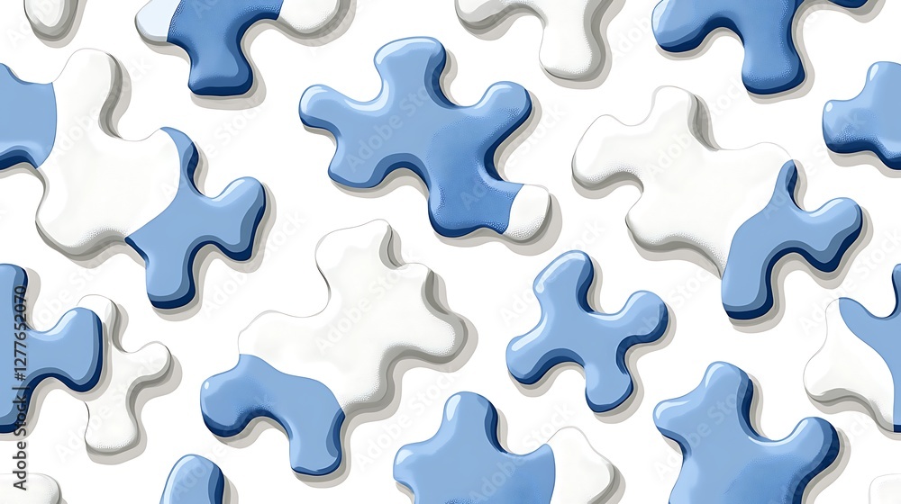 Abstract Blue and White Puzzle Pieces Seamless Pattern Background Texture