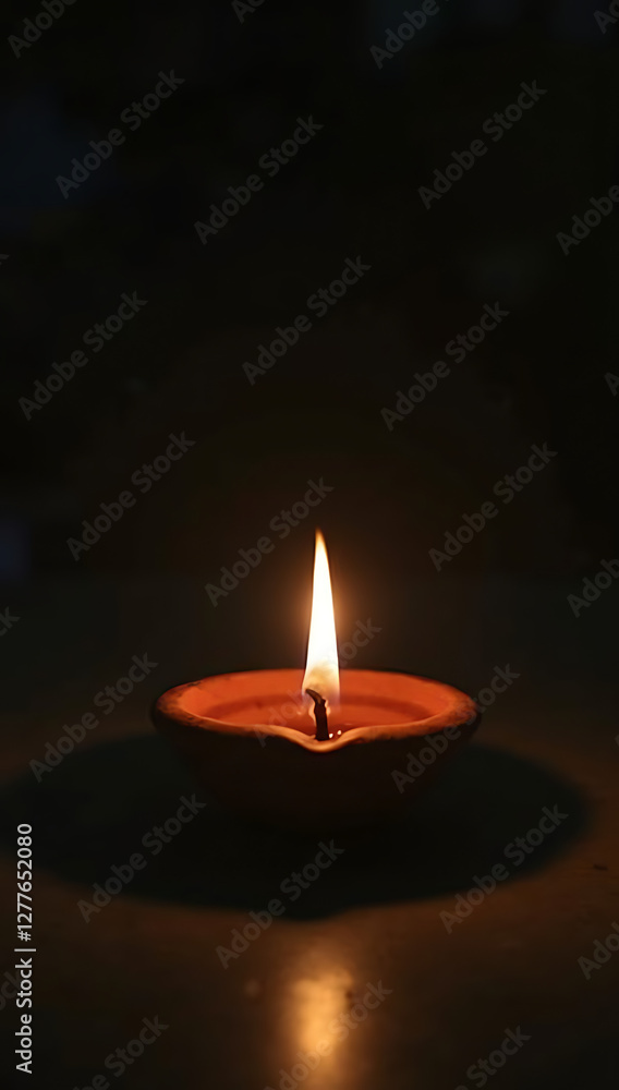 A traditional Indian clay diya (oil lamp) sitting on a dark surface, its flame glowing brightly but casting no light or shadow around it. A surreal take on deception, false hope A traditional Indian clay diya (oil lamp) sitting on a dark surface, its flame glowing brightly but casting no light or shadow around it. A surreal take on deception, false hope