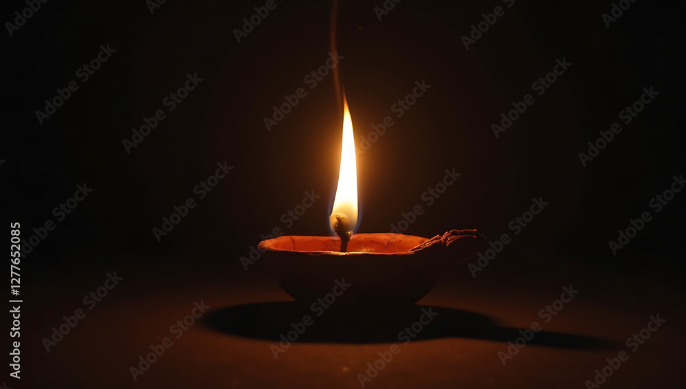 A traditional Indian clay diya (oil lamp) sitting on a dark surface, its flame glowing brightly but casting no light or shadow around it. A surreal take on deception, false hope A traditional Indian clay diya (oil lamp) sitting on a dark surface, its flame glowing brightly but casting no light or shadow around it. A surreal take on deception, false hope