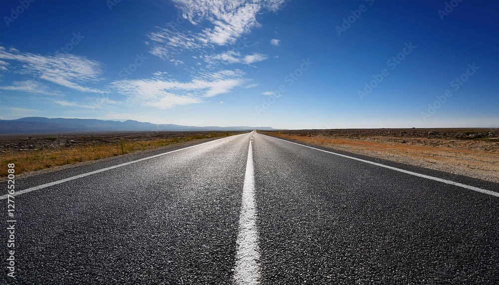 long open road stretching into distant horizon under vast blue sky long open road stretching into distant horizon under vast blue sky