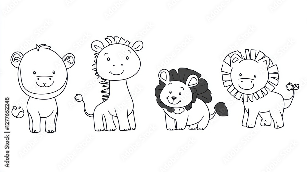 Cute cartoon animals, lion, giraffe, and another lion. Black and white line art illustration of adorable baby animals. Cute cartoon animals, lion, giraffe, and another lion. Black and white line art illustration of adorable baby animals.