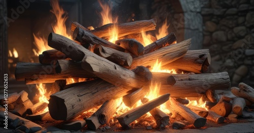 Wallpaper Mural A large stone hearth with burning logs and crackling flames , stone, warm glow, crackling sound Torontodigital.ca